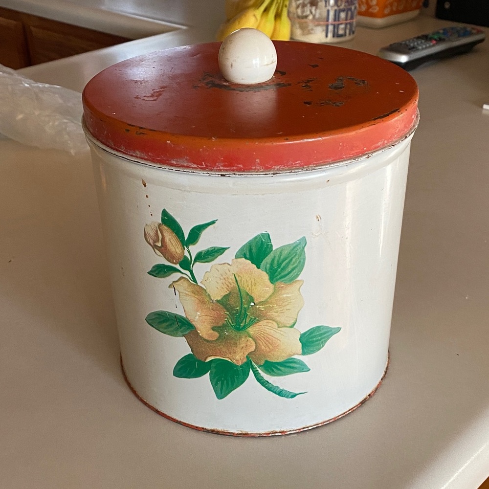 Closet Closeout!! Floral Tin Canister with Red Lid